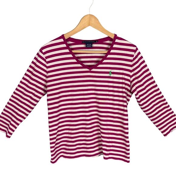 Ralph Lauren Sport Women's Striped V-Neck Top Pink White 3/4 Sleeve M Preppy - Picture 1 of 8